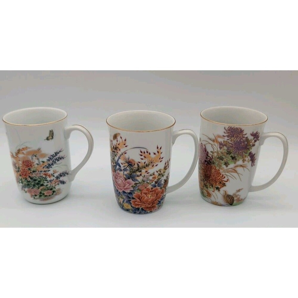 3 Vtg Shibata Japan Porcelain Cloisonne Floral Mugs Butterfly Bird